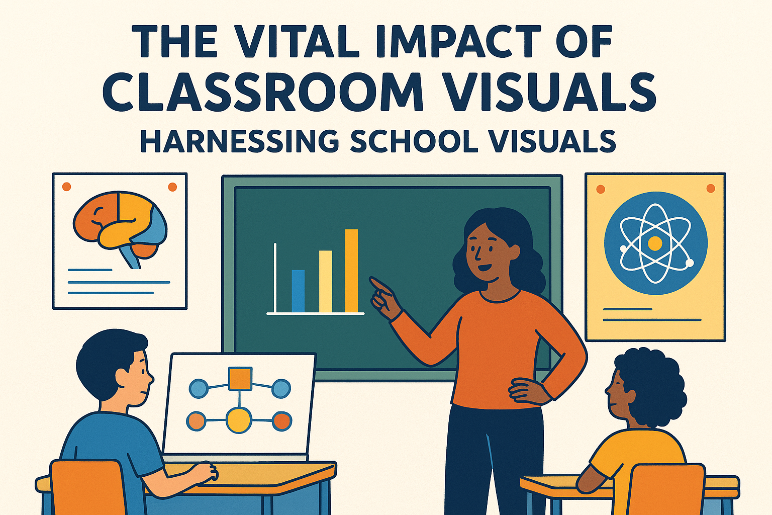 Illustration of a teacher using classroom visuals—charts, diagrams, and posters—to engage students in learning.