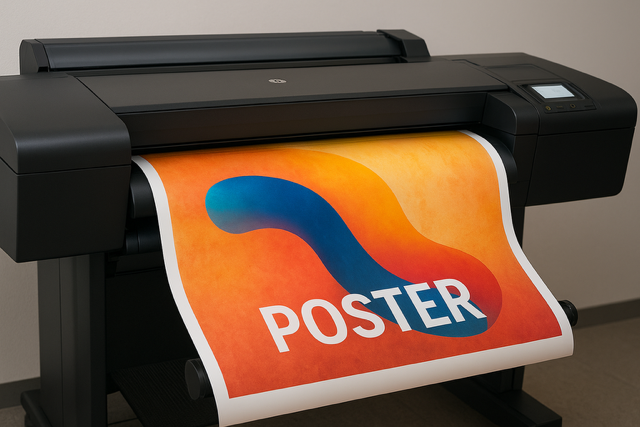 A vibrant A1 poster featuring a music festival design, printed on a poster maker printer like the HP DesignJet T630, displayed on an easel in a creative studio with colorful inks and roll media in the background.