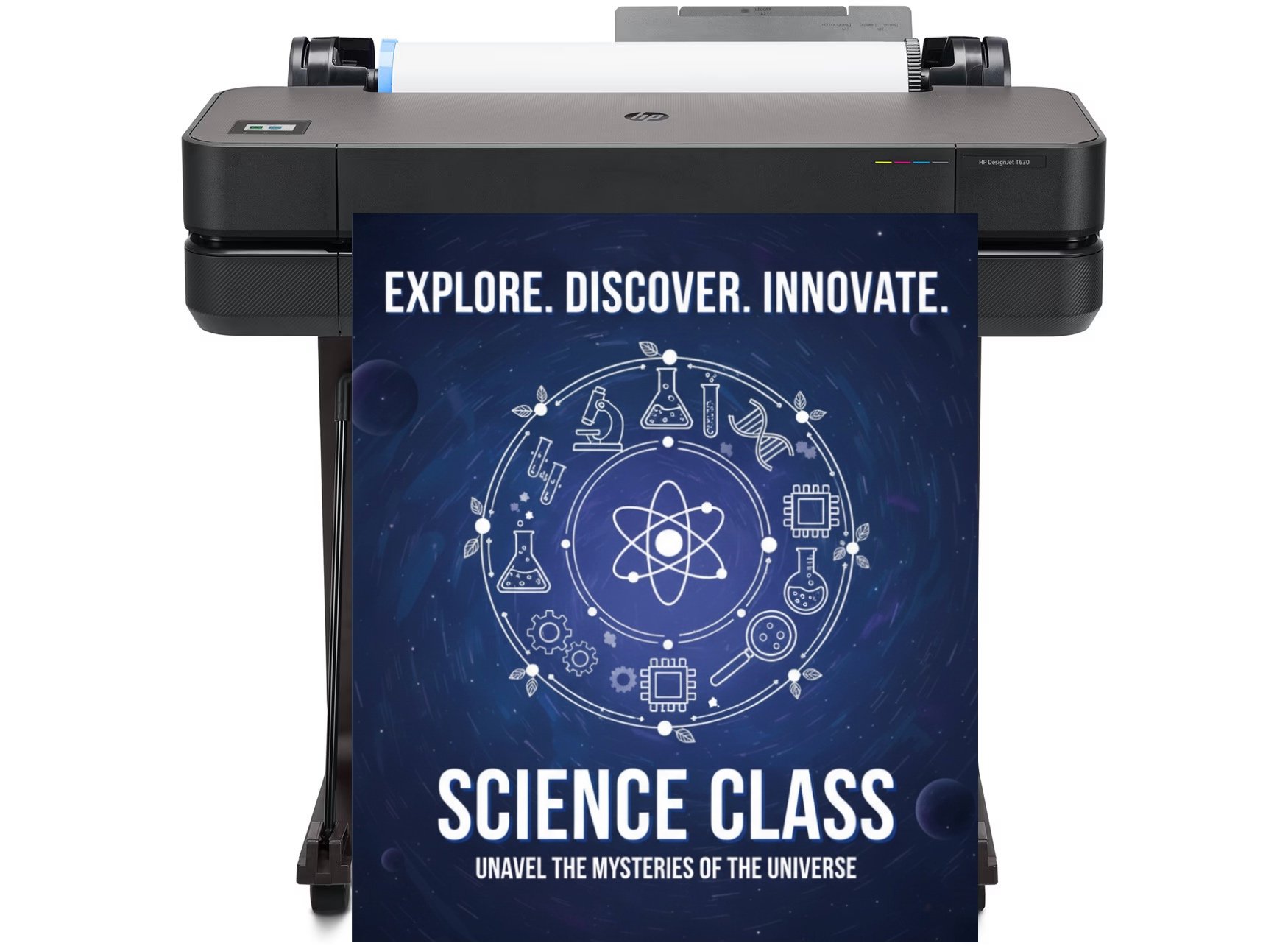 Teacher using a school poster making machine to print a large educational chart.