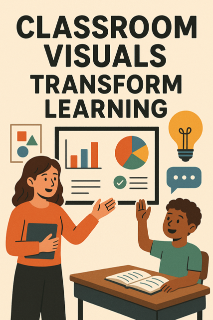 Colorful classroom visuals including anchor charts, posters, word walls, and graphic organizers displayed around a modern classroom to support student learning