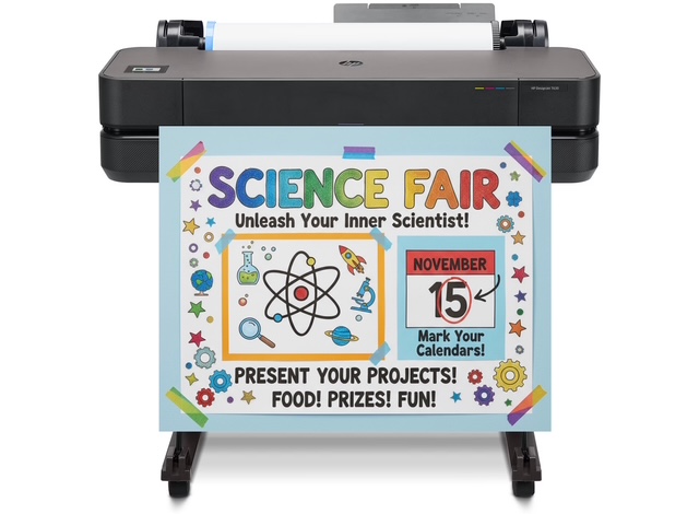 A colorful classroom wall adorned with vibrant posters created by a poster maker machine, featuring student-designed infographics on science and history topics, with students collaborating at a desk in the foreground.