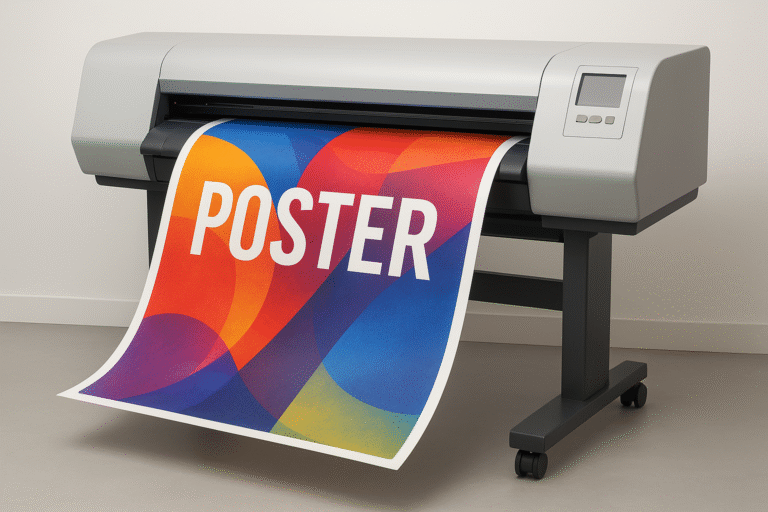 High-resolution poster maker printer producing a colorful large-format poster.