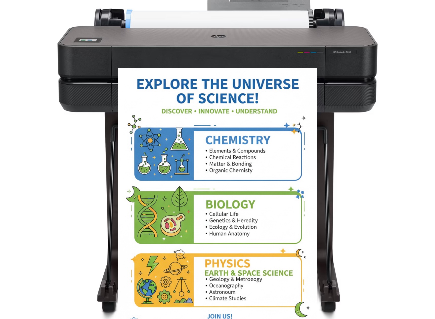 Students walking through a school hallway filled with vibrant, custom educational posters created with a poster maker machine.