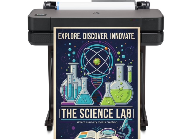 Students creating STEM posters using a poster making machine in a classroom.