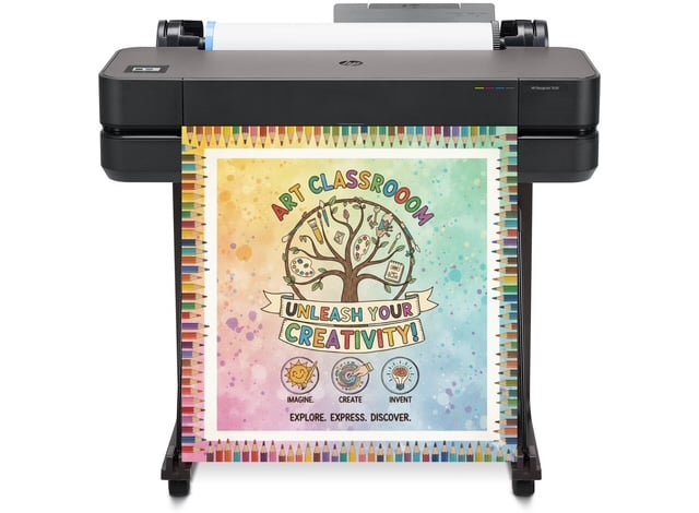 Colorful classroom wall with oversized STEM posters made by Education Graphics school poster maker, featuring robot diagrams and motivational banners