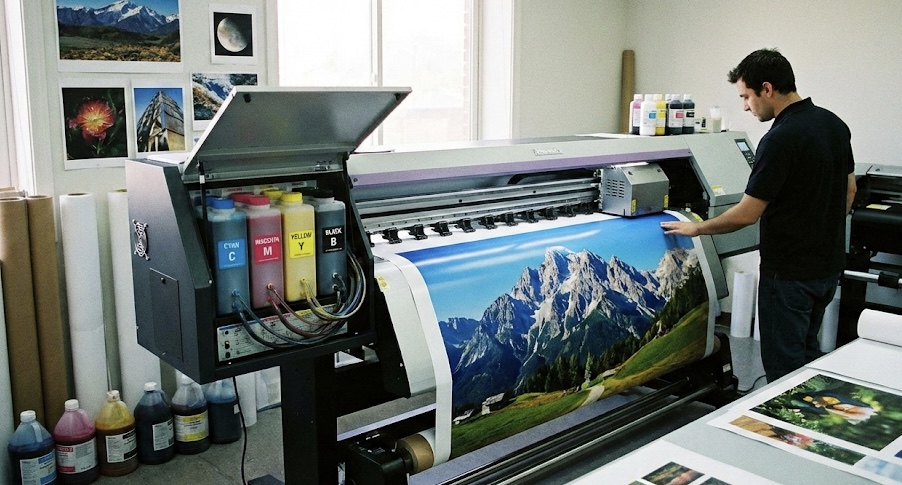 Diagram showing how poster printer ink, color gamut, pigment vs dye chemistry, and paper coatings affect poster print qualit