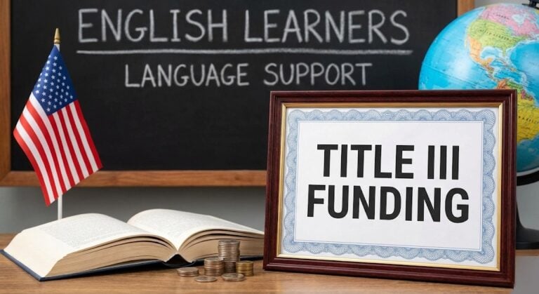 School principal and bilingual teachers reviewing Title III funding allocation and English learner growth data on a laptop in a multilingual classroom, 202