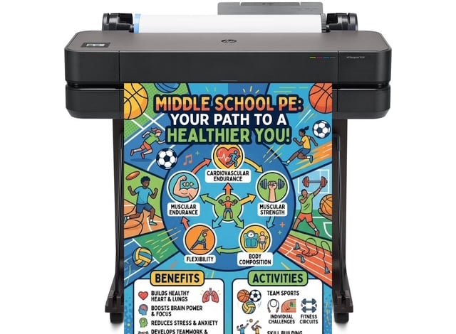 Teacher printing colorful classroom visuals on a poster maker machine using an education-focused poster maker printer.