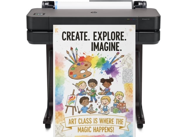 Wide-format poster maker in a school classroom creating durable learning visuals