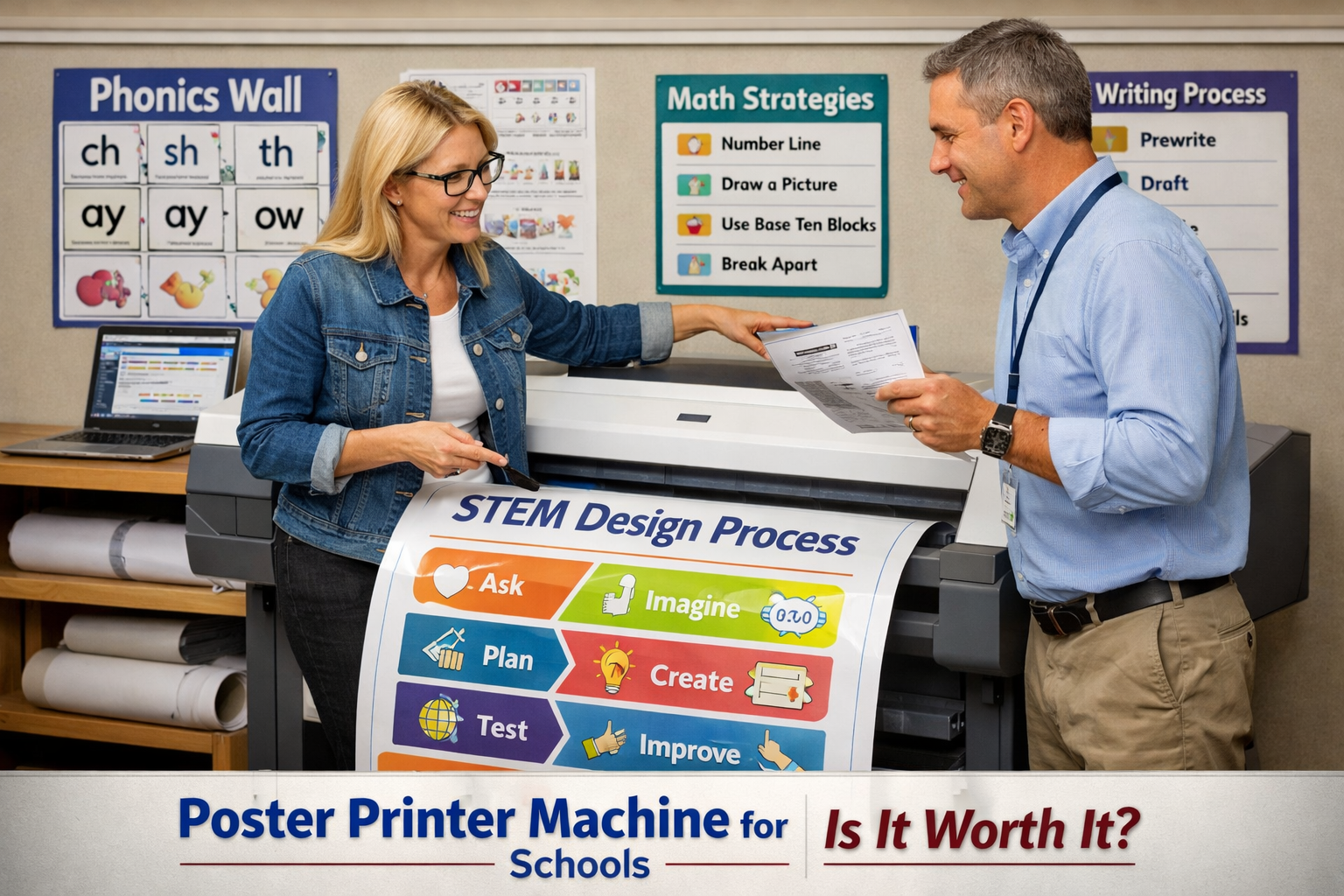Poster printer machine for schools printing a 24x36 STEM anchor chart with phonics and math strategy visuals in the background.