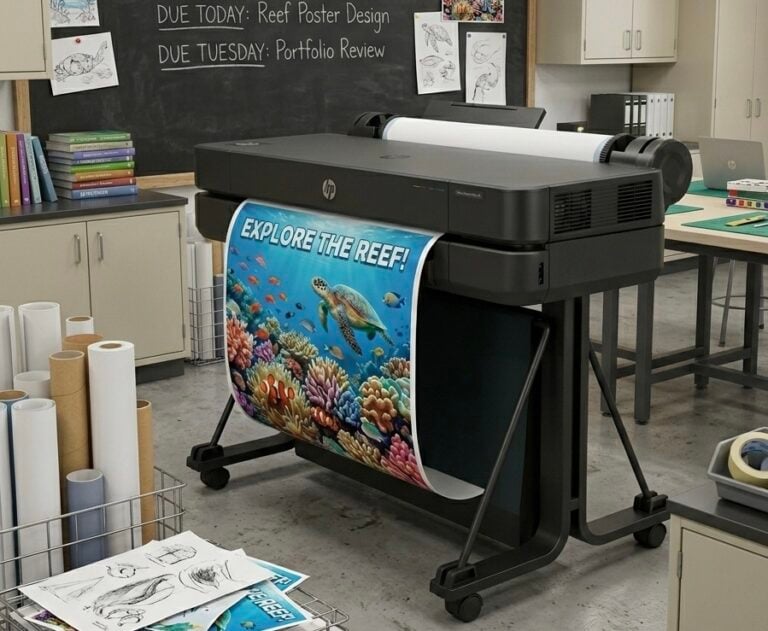 Education Graphics Poster Maker in a classroom creating large visual learning posters for students