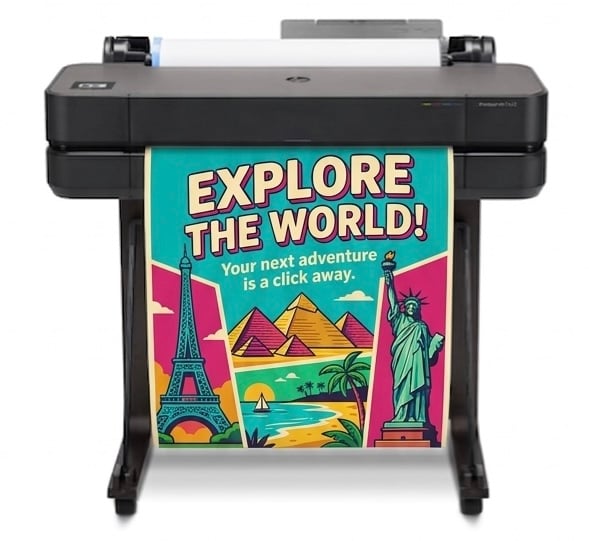 Poster printer machine actively printing a large colorful educational poster in a school classroom