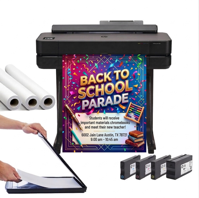 Poster printer machine sizes for schools comparison showing 24 inch vs 36 inch vs 44 inch poster printer machines in a classroom setting