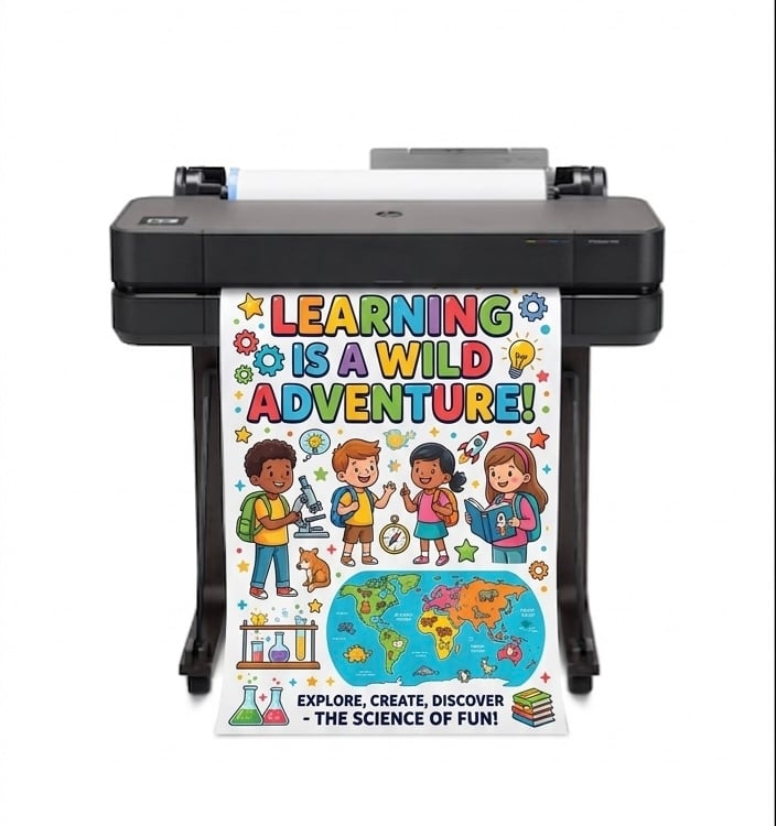 Modern professional poster maker for schools in a bright classroom setting, showing vibrant custom-printed educational posters and anchor charts on the walls, with a teacher and students engaging with the colorful large-format visuals