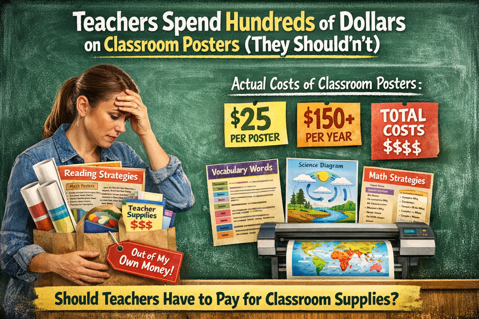 Teacher looking stressed while holding classroom posters and teacher classroom supplies, illustrating the high cost teachers pay out of pocket for classroom posters and educational materials.