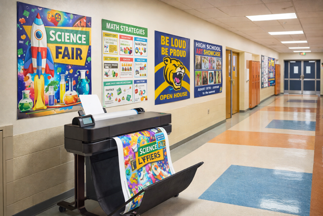 Teacher using a poster printer machine to create visual learning materials for students