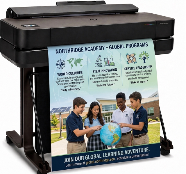 Education Graphics Poster Maker printing a colorful classroom poster using a poster printer machine for schools