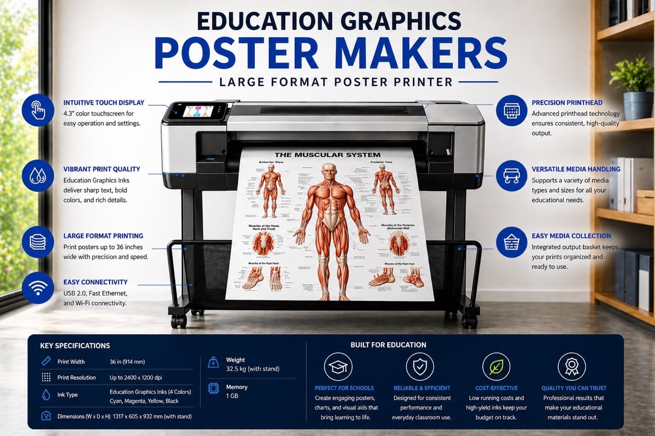 Education Graphics poster printer machine printing a large classroom anatomy poster with high-quality color and detail