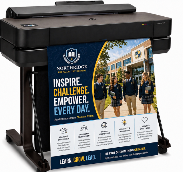 Poster printer machine supporting multiple school departments including administration, athletics, libraries, and STEM programs