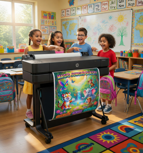 Teacher using an Education Graphics school poster printer to create a colorful anchor chart in a classroom workroom