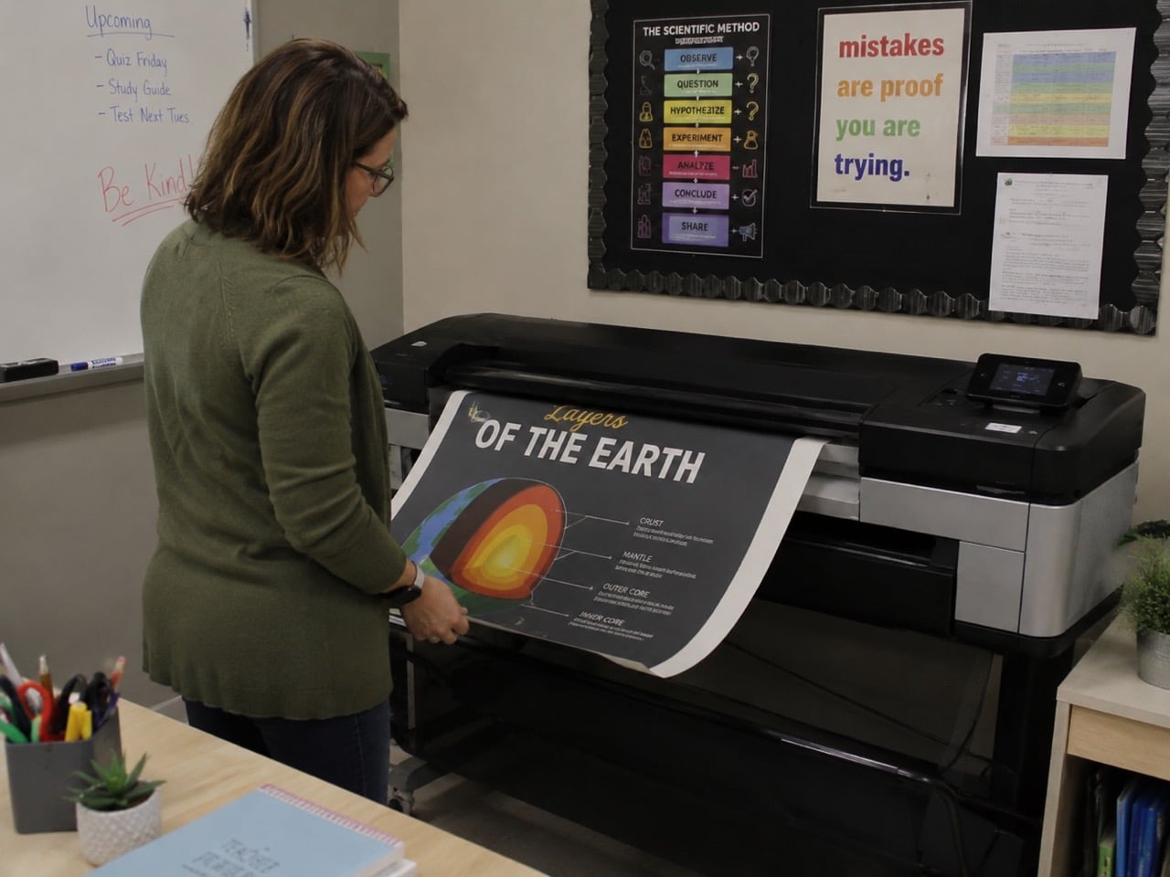 Teacher using poster printer machine to print science classroom poster in school classroom