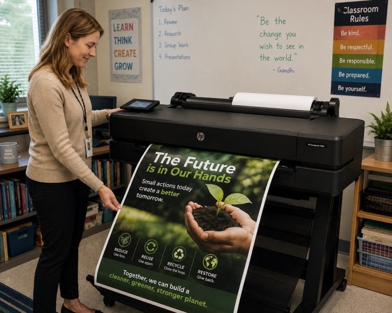 Teacher printing a classroom poster with a poster making machine for schools