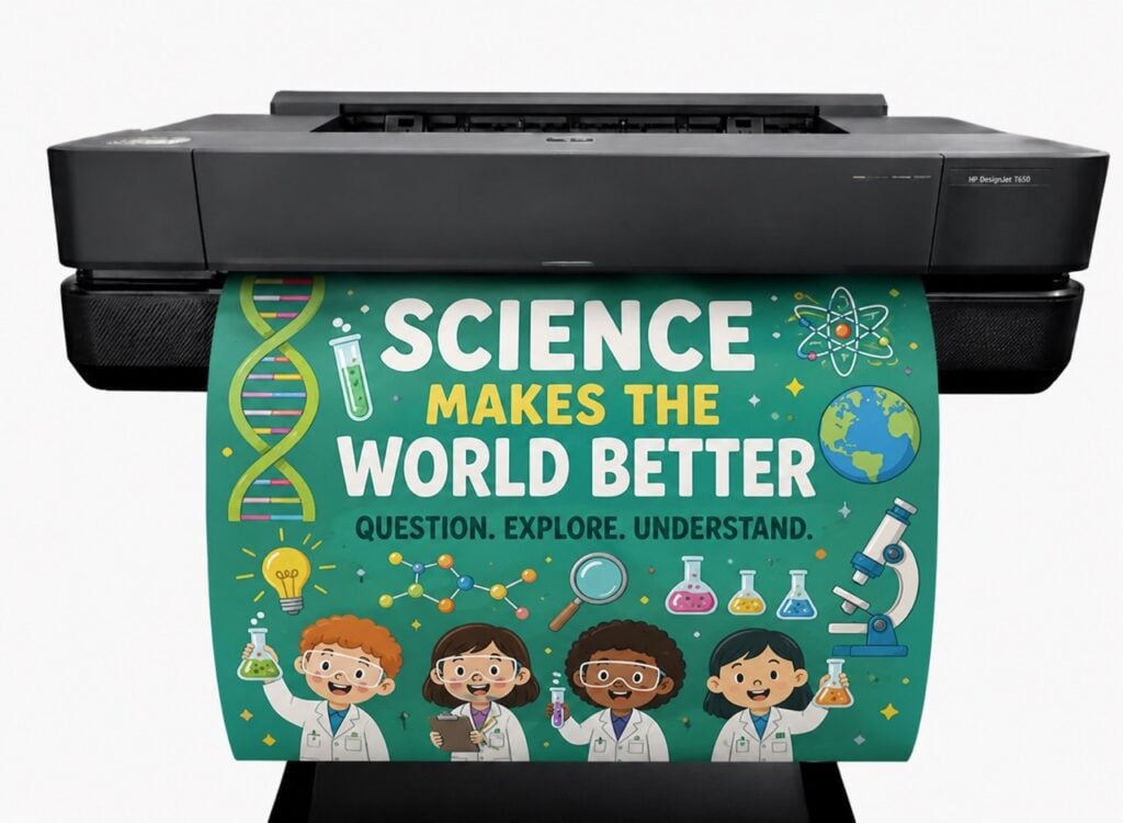 School poster maker printing colorful classroom poster for student learning and educational visual displays
