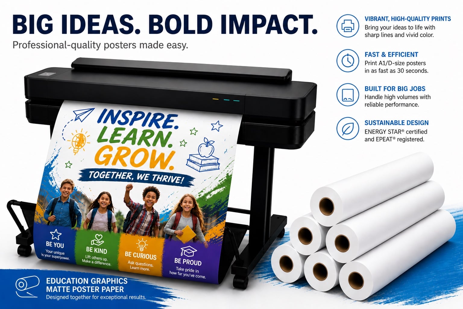Poster printer machine for schools creating vibrant educational posters, anchor charts, and classroom visuals for teachers and students.