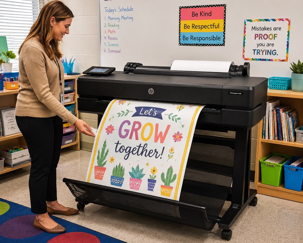Teacher printing a poster with a poster maker
