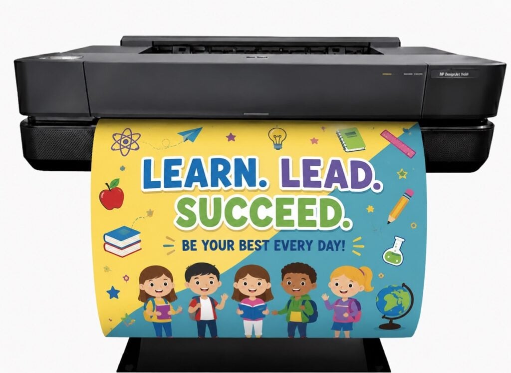 School poster maker printing colorful classroom poster for student learning and educational visual displays