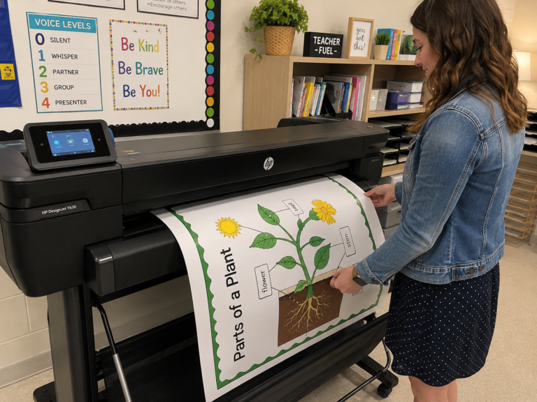Teacher printing a classroom anchor chart using a poster printer machine in a school classroom