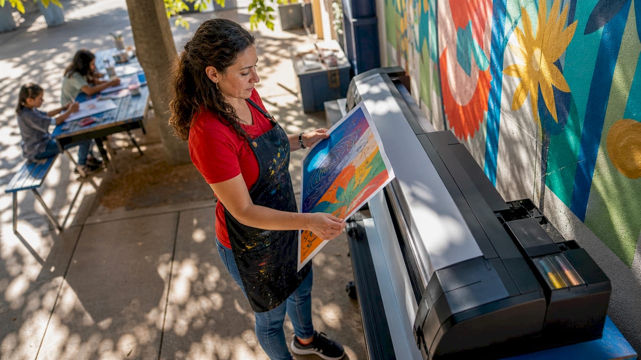 Teacher inspecting printed large classroom poster