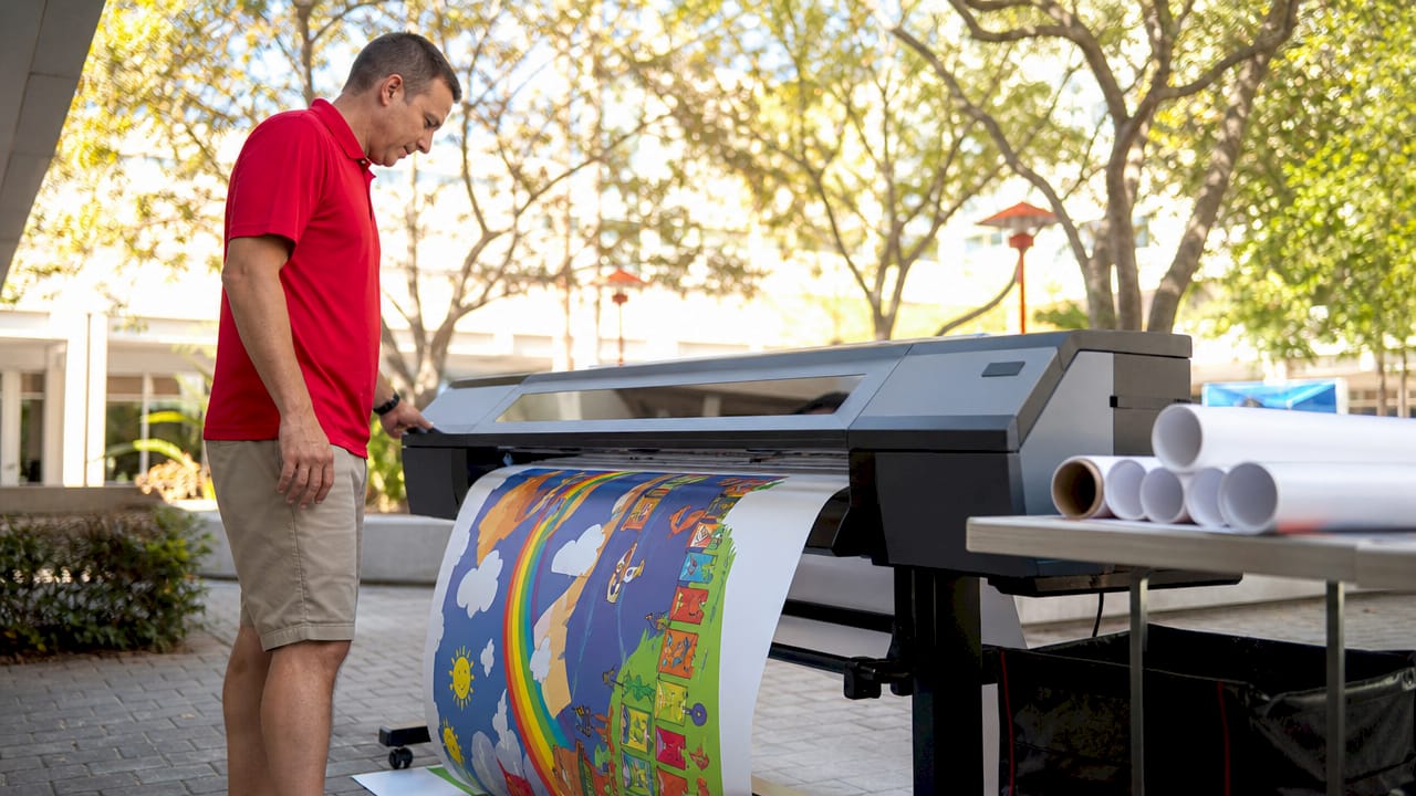 School staff printing poster on inkjet printer