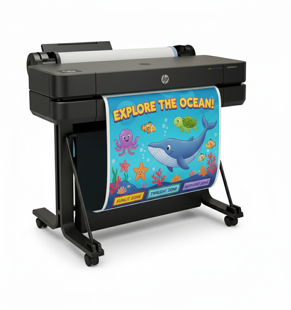 HP DesignJet poster printer on a rolling stand printing a colorful ocean-themed classroom poster