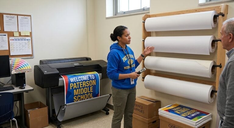 School staff reviewing poster printer paper rolls stored horizontally on a wall rack in a middle school print workroom