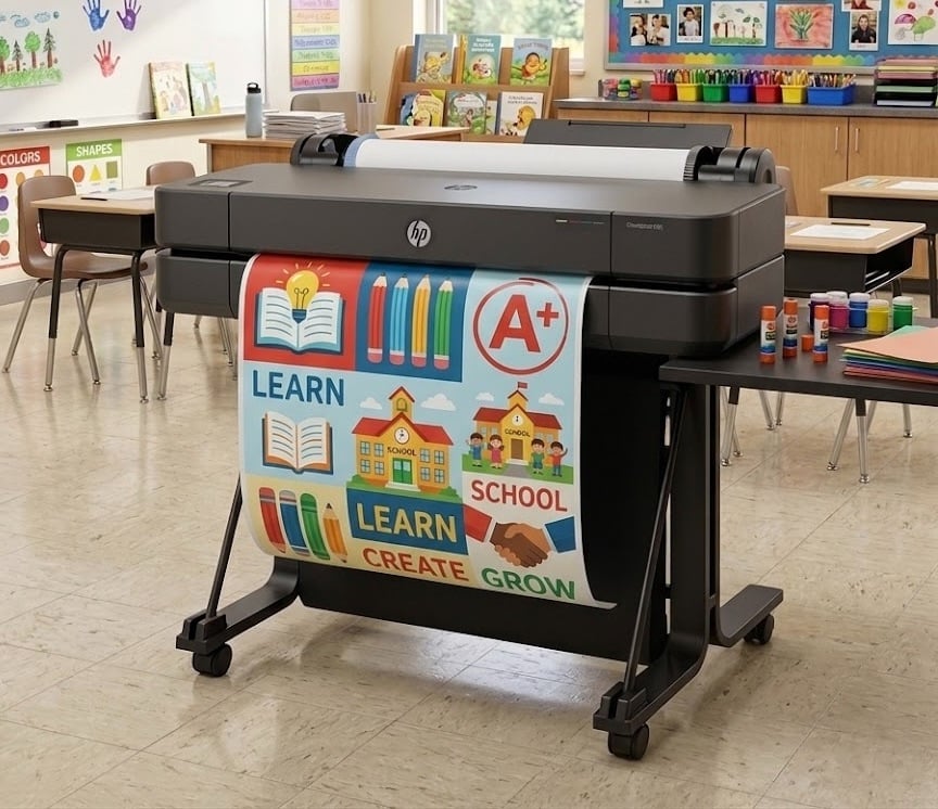 Wide-format poster printer producing a colorful "Learn Create Grow" educational poster in an elementary school classroom