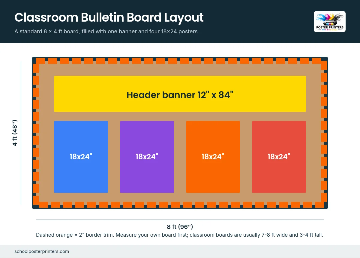 8 by 4 foot classroom bulletin board layout with a 12x84 banner and four 18x24 posters