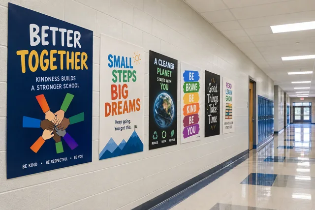 School hallway displaying classroom posters in different sizes